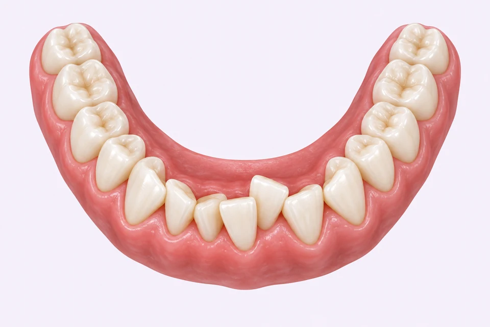 Vista superior esquemática de dentes anteriores sobrepostos e girados